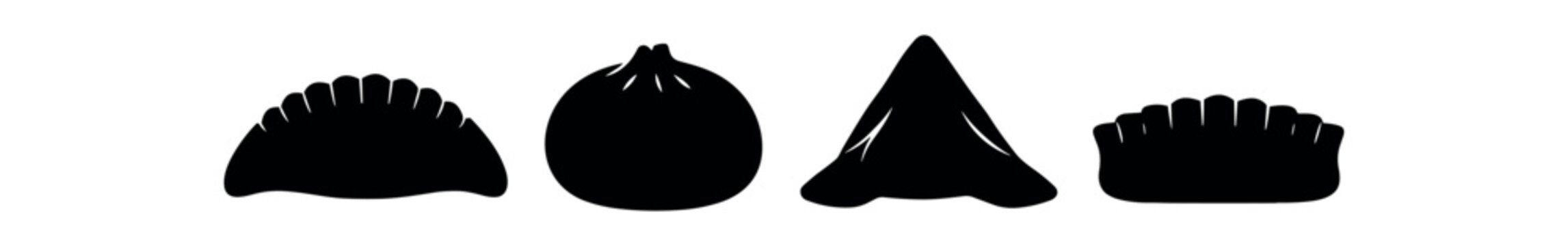 Black silhouettes of four dumplings and pastries arranged in a horizontal row.