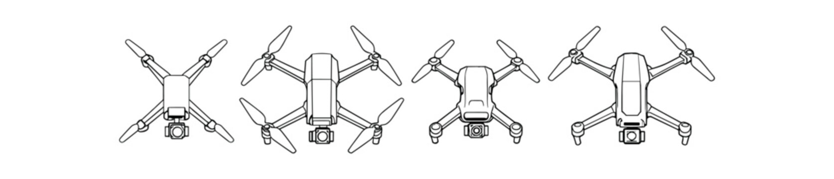 Four detailed line art top views of quadcopter drones showing cameras, rotors and landing gear.
