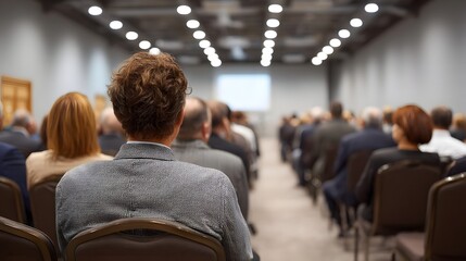 Fototapeta premium Audience attending a business presentation in a conference hall viewed from behind