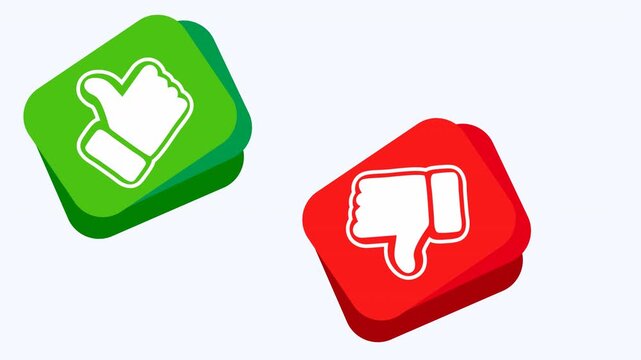 Like and dislike icons on green and red buttons. Social media engagement, website feedback, product reviews, online polls, customer satisfaction surveys.