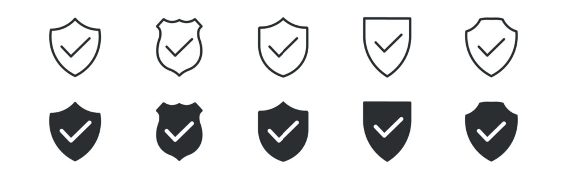 Security shield icon set. Protection, safety and verified security concept with shield and check mark symbols. Vector illustration.