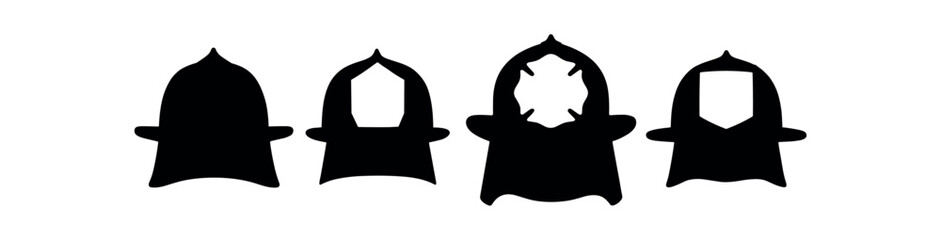 Fototapeta premium Four black firefighter helmet silhouette icons display different cutout shapes and bold solid profiles in a row.