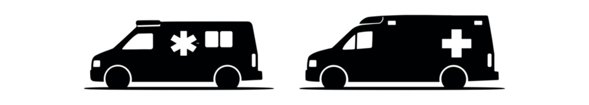 Two black side-profile ambulance van silhouettes each marked with a medical cross.