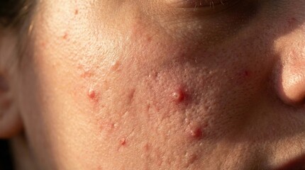 Naklejka premium Extreme close up of human skin with acne and inflammation. Highlights common dermatological issues and texture. Perfect for medical articles or skincare product marketing.