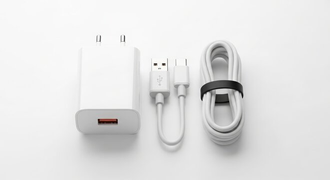 A white charger and cable set on a clean surface