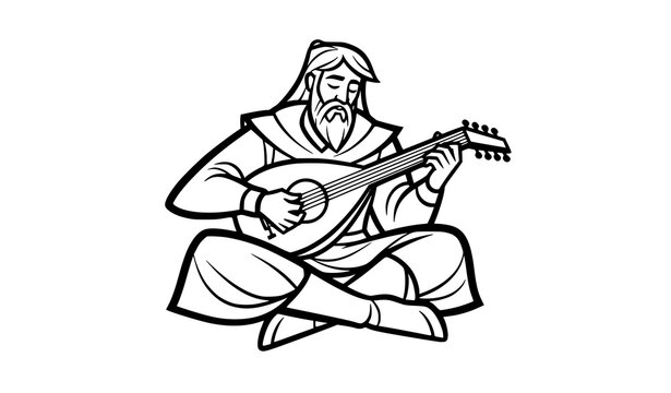 Medieval bard playing lute seated line art character simple outline vector illustration isolated on white background