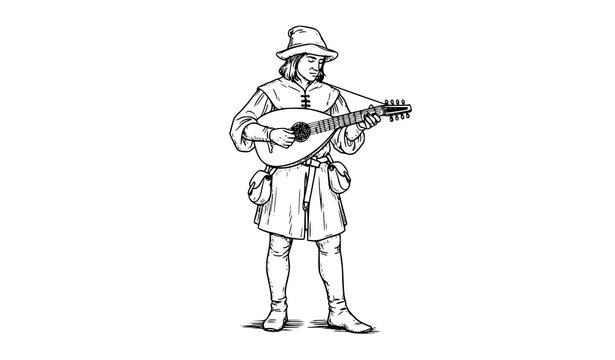 Medieval troubadour playing lute hand drawn line art bard musician vector illustration isolated on white