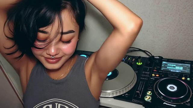 ヘッドホンをつけた女性DJのパフォーマンス
ダンスミュージックをプレイする女性DJ