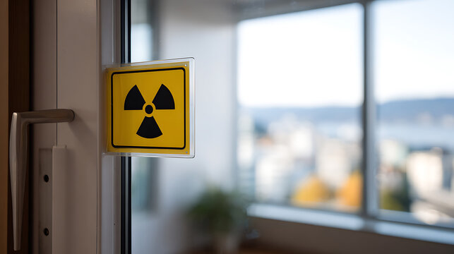 Danger Sign on Door with City View Background &ndash; Iconic Symbol of Warning, Hazard, and Safety Protocols in Scientific or Industrial Setting