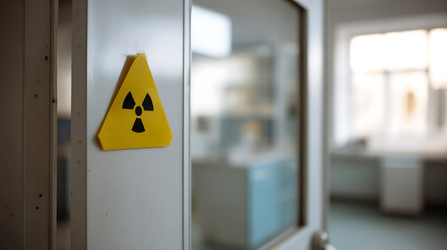Yellow caution sign for radiation hazard on a laboratory door, indicating danger and safety protocols in a scientific research environment