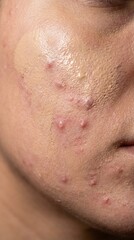 Naklejka premium Close up of foundation applied over inflamed acne. Shows struggles with skin imperfections and beauty standards. Ideal for dermatology, makeup tutorials, or skincare articles.
