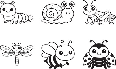 Obraz premium Cute Insect Line Art Set, smiling bee dragonfly caterpillar snail ladybug and grasshopper set vector 