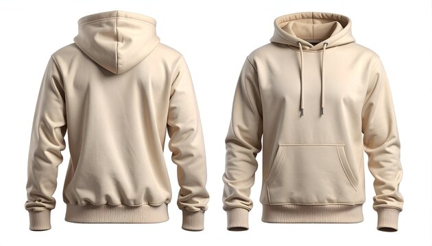 Beige hooded sweatshirt displayed from front and back perspectives on a clean white background