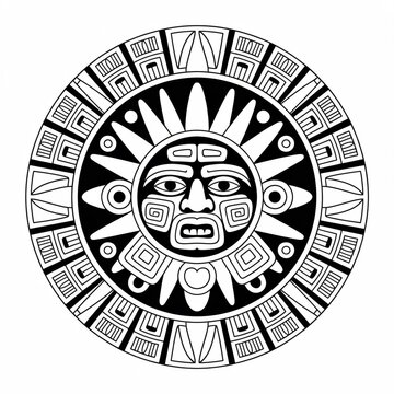 Mayan Aztec calendar stone vector illustration with intricate glyphs and sun symbol