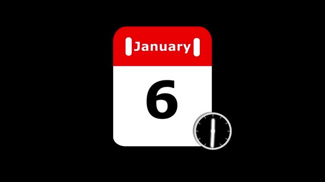 January 6 calendar icon with moving clock hands on black background. Calendar with date concept. Calendar page for January 6 with a clock icon animation.