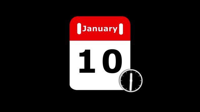 January 10 calendar icon with moving clock hands on black background. Calendar with date concept. Calendar page for January 10 with a clock icon animation.