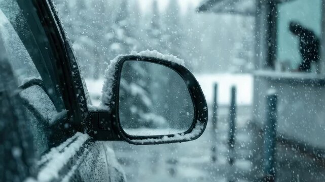 Driveup banking lane in winter close on a vehicles side mirror and teller window exchange falling snowflakes creating a dreamy outoffocus background.