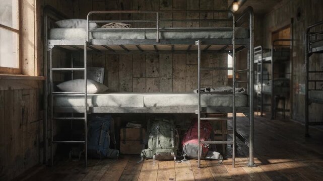 Focused medium shot of rustic bunkhouse sleeping quarters showcasing metal bunk beds and backpacks stored underneath with the rest of the room softly out of focus for depth.