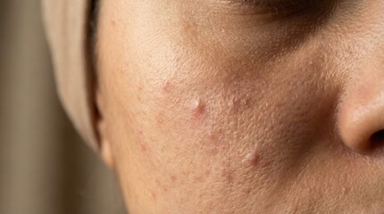 Naklejka premium Close up view of facial skin with acne and large pores. Shows common dermatological problems and sensitivity. Useful for skincare marketing or medical education.
