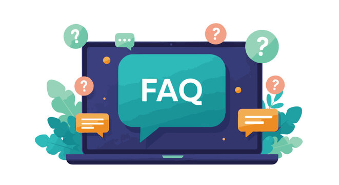 FAQ concept on laptop screen with speech bubbles and question marks