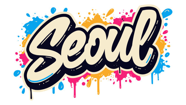 Seoul handwritten graffiti lettering with colorful paint splashes on light background. Concept of urban culture, travel destination and street art design