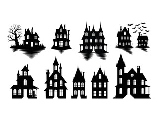 Obraz premium Haunted house silhouette set with spooky mansions, bats, creepy trees, and gothic buildings for Halloween decor
