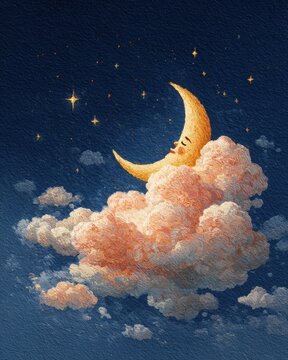 Dreamy Moon and Clouds: A whimsical scene unfolds as a cheerful moon nestled among fluffy clouds drifts serenely against a canvas of stars, evoking a sense of tranquility and bedtime stories.