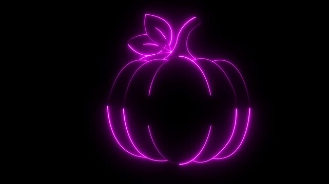 A bright blue neon light outline of a pumpkin with leaves and a stem isolated on a dark black background, perfect for halloween and autumn themes