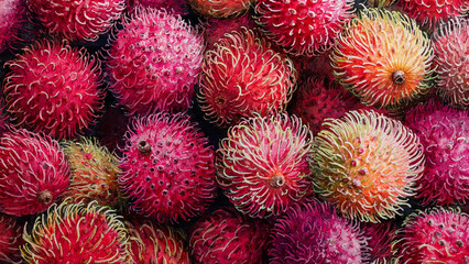 Obraz premium Hand-painted watercolor illustration of rambutans in full frame composition, dense overlapping fruits with vibrant pink and red spiky texture, perfect for food background.