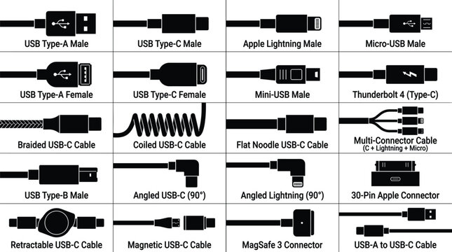 Comprehensive USB Connector Types Set Including Type A Type C Lightning Micro USB Thunderbolt and Various Charging Cable Styles Illustration