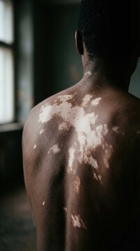 Close up of a man's back showing vitiligo skin pigmentation patches. The lighting is soft and moody, highlighting skin diversity. Perfect for healthcare or inclusive beauty campaigns.