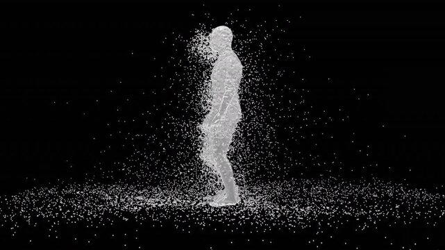 A 3D animated character performs a sword dance with dynamic water splash effects. The clip ends with an alpha matte, making it suitable for creative projects, entertainment, or digital media use.