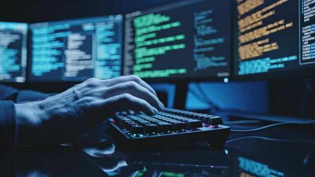 A capturing a person typing on a keyboard in a dimly lit room with multiple computer screens displaying code in the background, related to cybercrime and cybersecurity.
