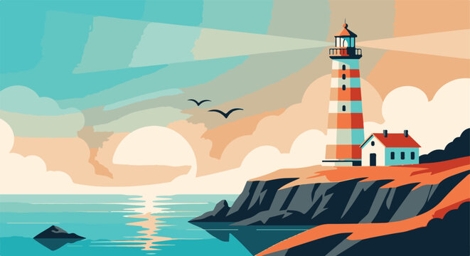 Minimalist lighthouse illustration on a cliff at sunset with ocean and birds