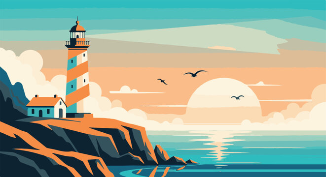 Minimalist vector illustration of a lighthouse on a coastal cliff at sunset