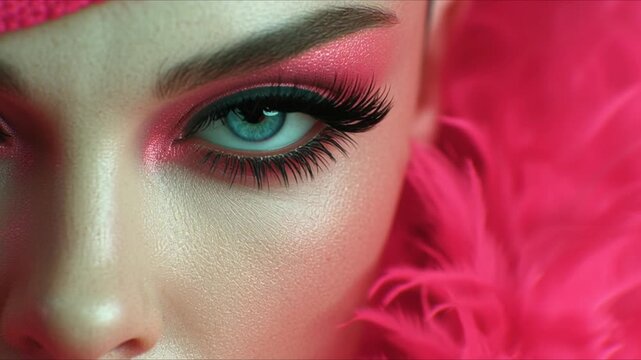 Bright stylish female eye in extreme close up with original pink makeup, bold beauty look highlighting creativity and individuality, glamorous cosmetic concept with vibrant colors and modern fashion