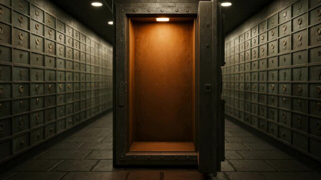 Dimly lit legacy vault corridor with rows of aged metal safe deposit boxes fading out of focus emphasizing the textured steel door in sharp detail.