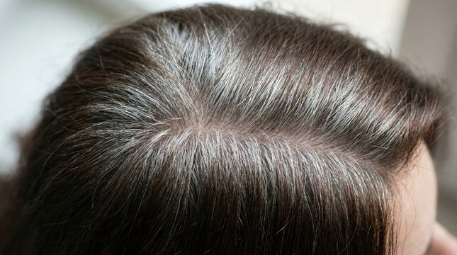 Close-up view of grey hair roots growing out from dark brown hair. Illustrates aging process and the need for hair coloring or acceptance. Ideal for beauty blogs or hair care articles.