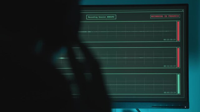 Shadow figure with headphones listens to live audio recording with software. Sitting by computer in dark room hacker spy or government secret agent in wiretap operation uses headset to hear speech