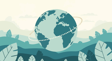 Stylized globe illustration in a serene natural landscape with orbital elements © Pixelaraf