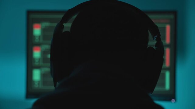 Person put on headphones listening to sound recording on computer screen. Dark room as man wearing headset to hear audio capture of conversation music podcast or criminal investigation secret wiretap