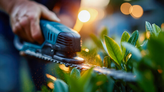 Gardener trimming a lush green hedge with an electric hedge trimmer at sunset