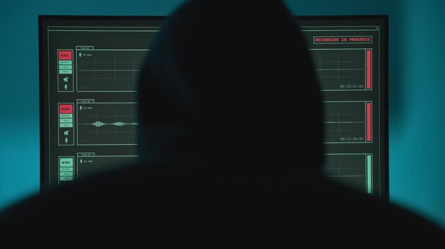 Hacker with hoodie looking at computer screen with sound recording application. Person using audio capture software and equipment. Secret agent or spy espionage or surveillance gathering with wiretap