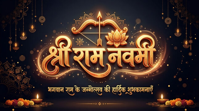 Detailed Gold Lettering of 'Shree Ram Navami' on a Sparkly Dark Background