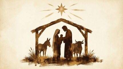 Naklejka premium Nativity: Silhouette of the Holy Family, Digital Illustration