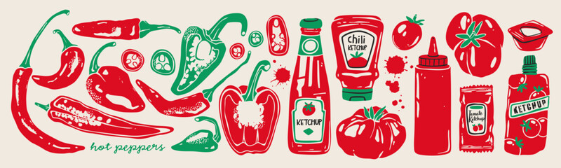Various Ketchup sauces in bottles, tomatoes, Chili Peppers. Different container shapes. Plastic, glass bottles, soft package, sauce cup. Hand drawn Vector illustration. Isolated design elements 