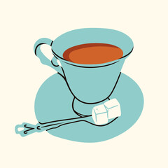 Tea or Coffee. Blue Cup, spoon, sugar cubes, plate. Colorful, unique, elegant, artistic, trendy style. Aromatic, tasty coffee or tea concept. Hand drawn Vector illustration. Isolated design element