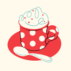 Red Cup with creamy foam, spoon, plate. Colorful, unique, elegant, artistic, trendy style. Aromatic, tasty coffee, cappuccino concept. Hand drawn Vector illustration. Isolated design element
