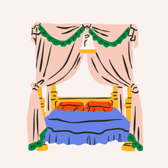 Cozy big, double, king, queen, full sized Canopy bed. Colorful cotton silk linen, pillows, bed curtains. Different colors. Hand drawn trendy Vector illustration. Isolated design element