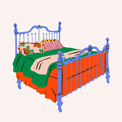 Cozy big, double, king, queen, full sized sleeping Bed. Colorful cotton silk linen, pillows. Iron frame. Bright colors. Hand drawn trendy Vector illustration. Isolated design element